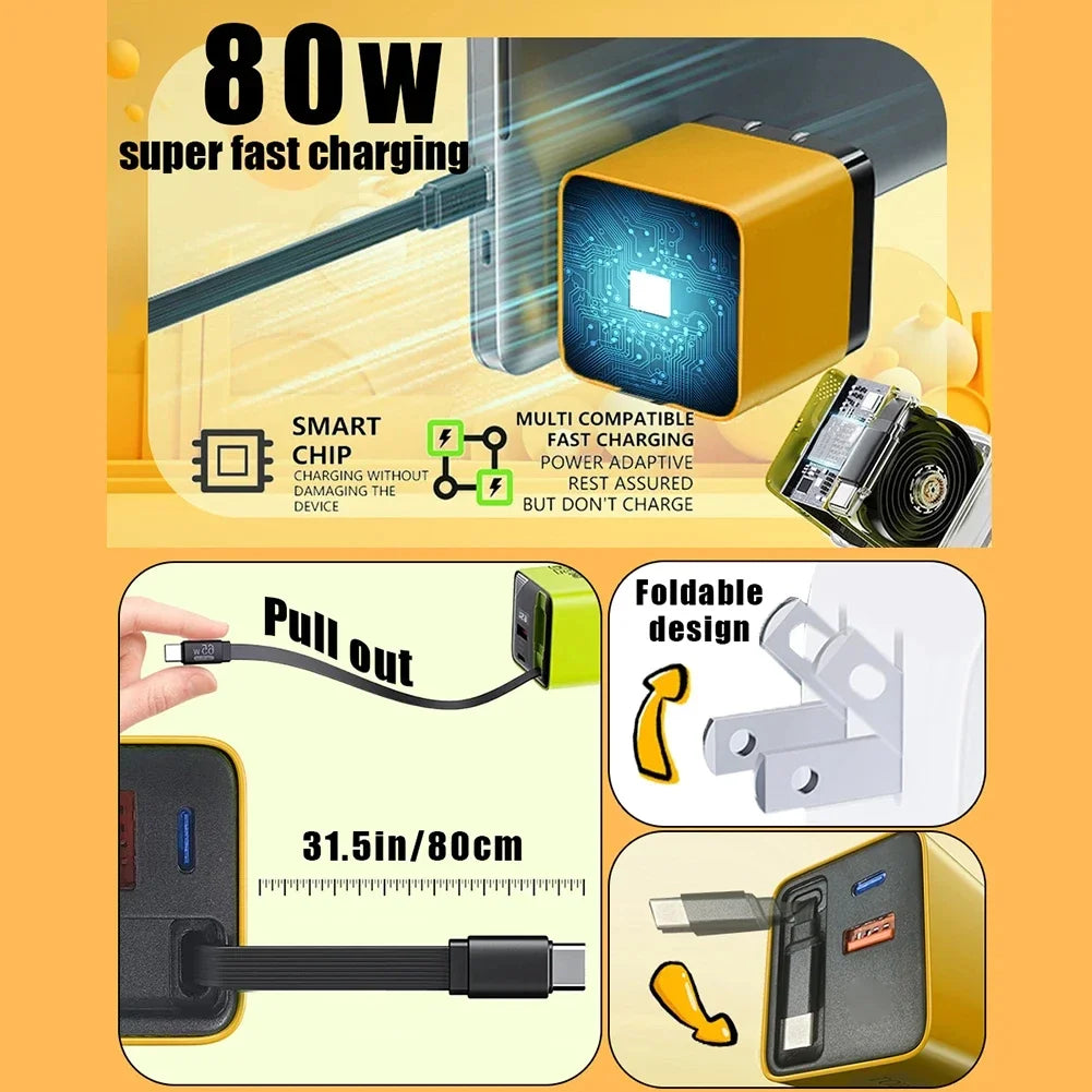 3 in 1 Gan Charger with Retractable Charge Cable PD USB Charger 22.5W Fast Charge for Huawei Iphone Samsung Redmi Travel Charger
