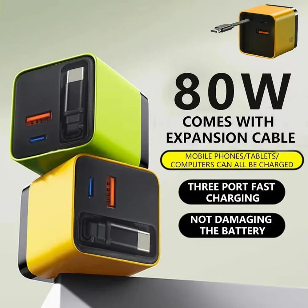 3 in 1 Gan Charger with Retractable Charge Cable PD USB Charger 22.5W Fast Charge for Huawei Iphone Samsung Redmi Travel Charger