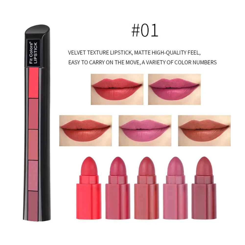 5 in 1 Lipstick Strip Matte Velvet High Color Rendering Lipstick Pen Long Lasting Waterproof Cosmetics Makeup Lipstick Set Gifts